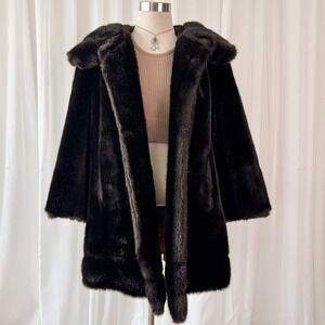 Vintage Faux Fur Coat Tissavel France Brown Hooded Coat‎ Luxury Winter M/L